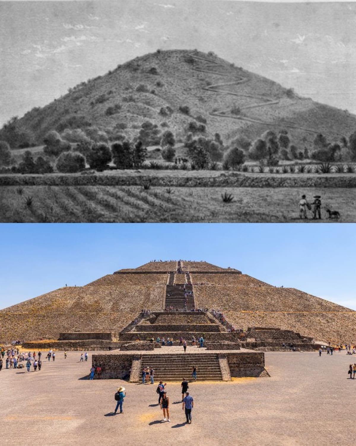 Pyramid of the Sun, Teotihuacan, before excavation vs now